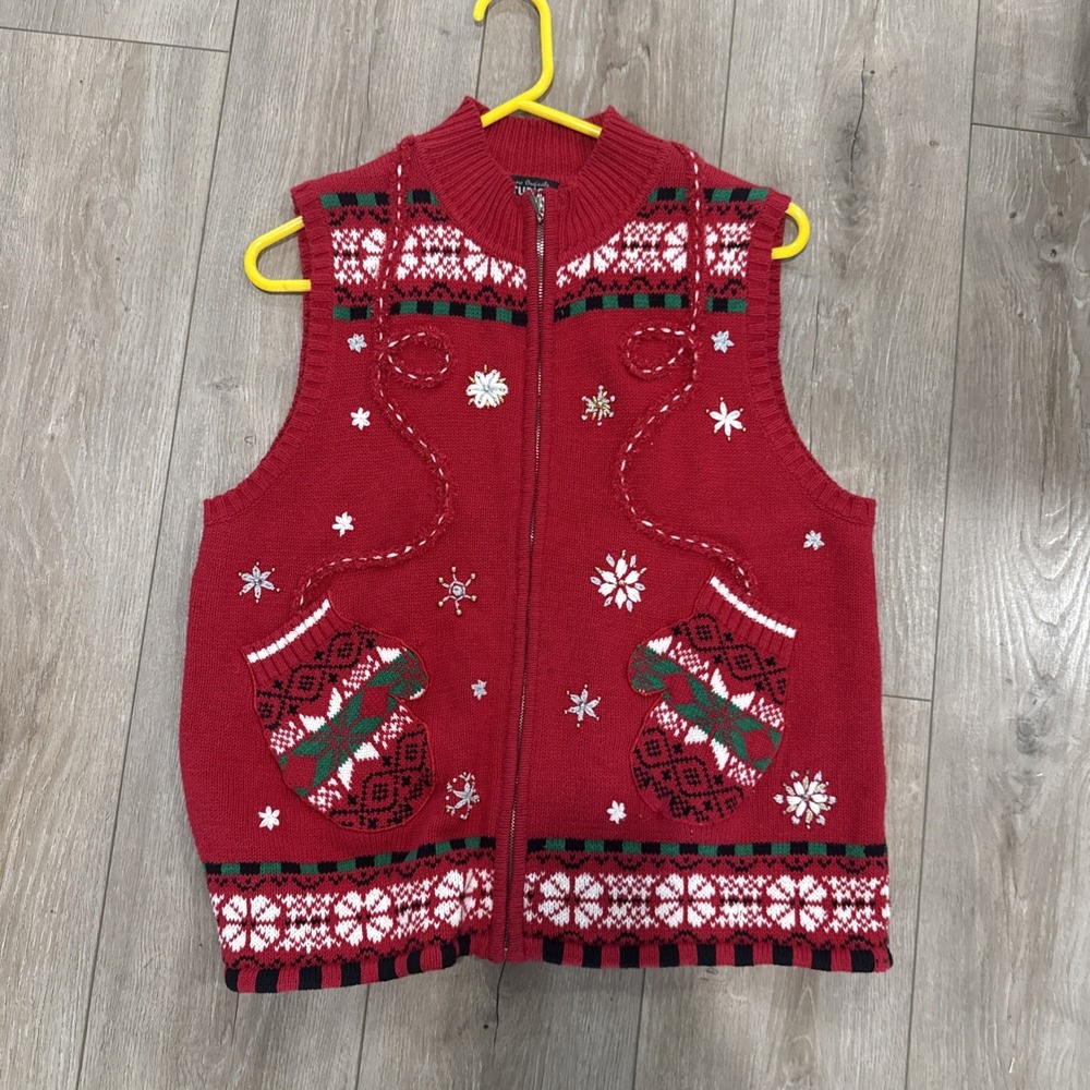 Vtg Designers Originals Studio Joy Red Mittens Christmas Sweater Vest Large